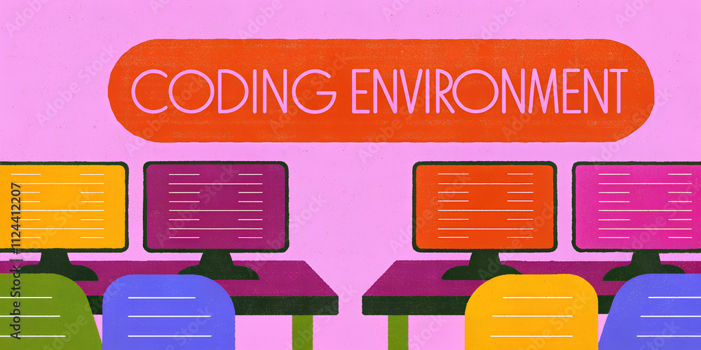 Poster vibrant coding environment with colorful computer desks and chairs