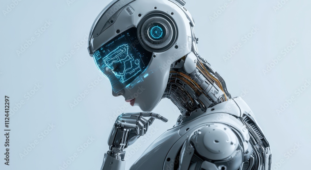 Poster futuristic robot profile with advanced technology and illuminated features, showcasing a blend of hu