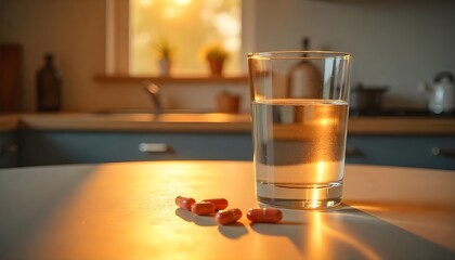 Medical Background with Capsules, Tablets, and a Glass of Water