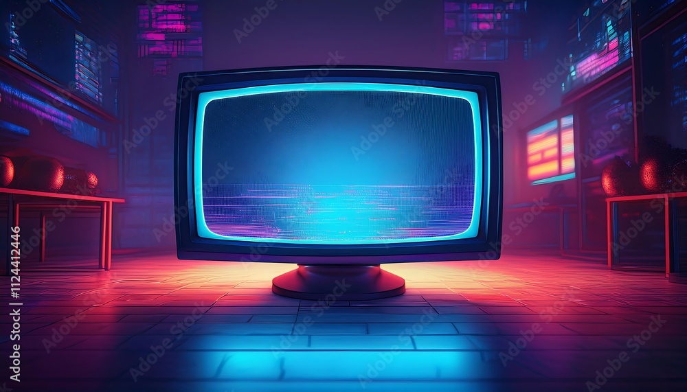 Poster retro-style monitor in a neon-lit environment.