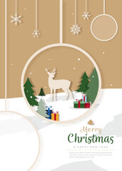 Christmas poster cover with reindeer in snow town, vector design, on beige color background 