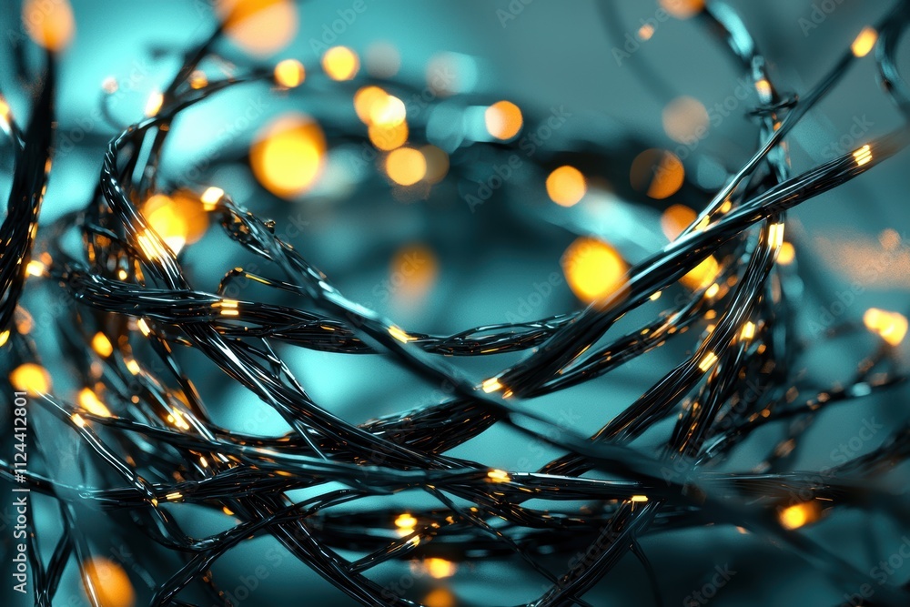 Poster twinkling fairy lights on a dim background with bokeh effect