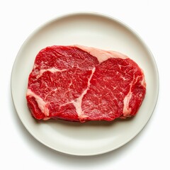 Fototapeta premium Plate of raw beef steak isolated on white background, top view.