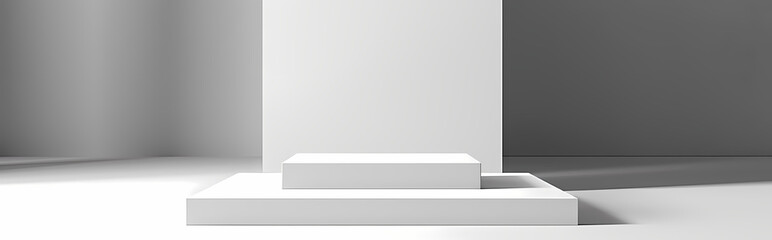 Minimalist Product Display:  A clean and modern platform for showcasing products in a minimalist setting. Two simple white platforms stand against a sleek grey backdrop.