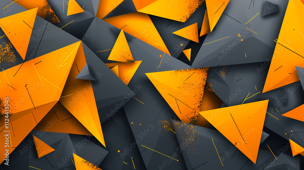 Poster abstract geometric chaos: a vibrant composition of intersecting orange and gray triangles creates a 