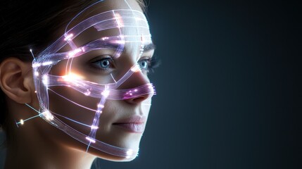 Futuristic Woman with Digital Facial Mapping and Neon Light Effects for Technology Art