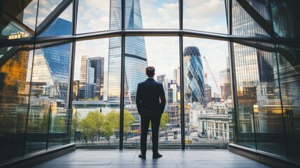 Fototapeta premium Businessman Overlooking Skyscrapers in a Modern City Skyline