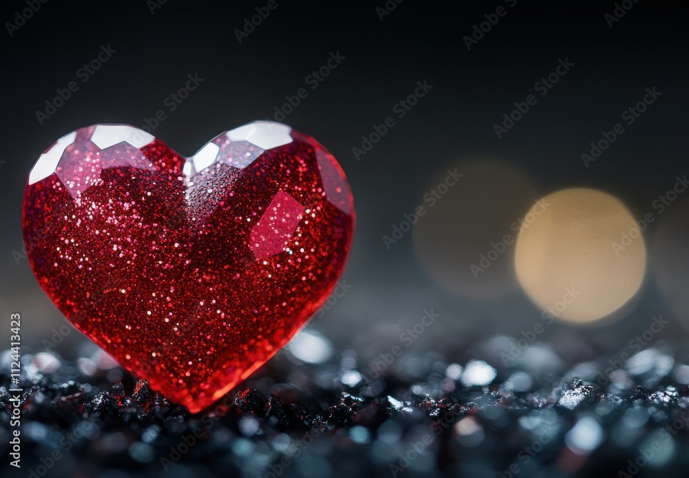 Poster glimmering red heart shining brightly on dark background with bokeh effect, capturing the essence of