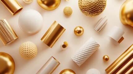 Fototapeta premium Elegant arrangement of golden and white geometric shapes and objects