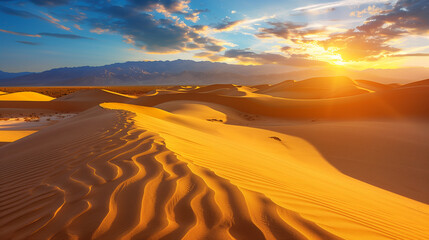A golden sand dunes at sunset, with the soft light creating deep shadows and vibrant hues in the desert.