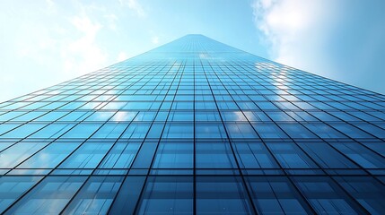 Fototapeta premium Sleek Modern Skyscraper with Glass Panels and Sharp Angles Against White Background