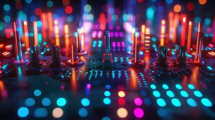 Vibrant LED Lights on Circuit Board in Abstract Technology Scene