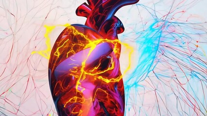 Simplified circulatory system infographic, detailed heart connections, and vibrant vessel tones on white background