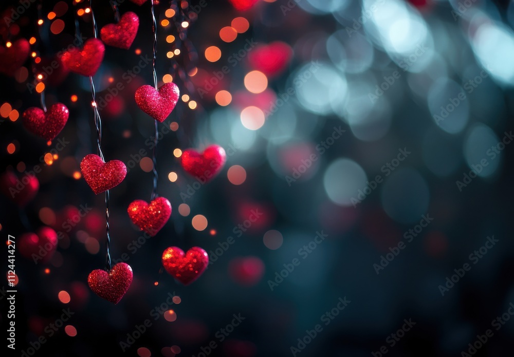 Poster glittering red hearts hanging on strings against a soft bokeh background, perfect for romantic theme