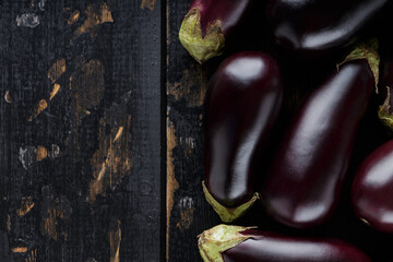 Homegrown Purple Eggplants on Rustic Wooden Surface, Organic Ecological Food, Copy Space