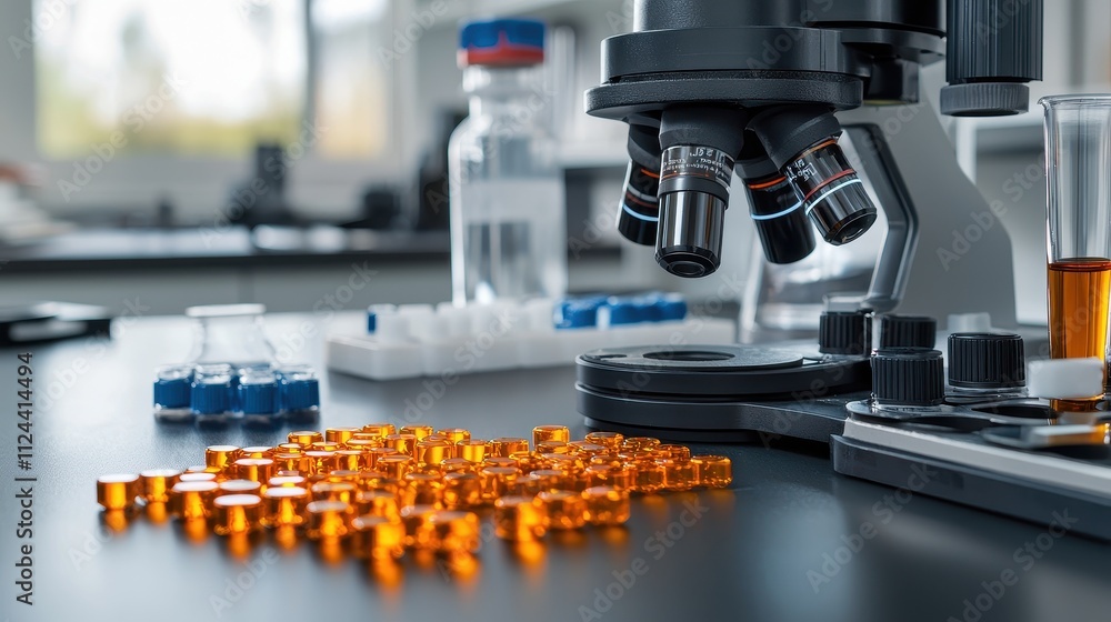 Poster laboratory microscope with glassware and orange samples on table