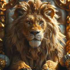 Fototapeta premium Majestic Lion King: A regal lion, adorned with a golden crown, sits majestically upon an ornate throne, his piercing gaze commanding attention in this digitally rendered artwork. 