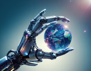 A close up bionic hand of robot holding glow blue globe hologram on blue gradient background