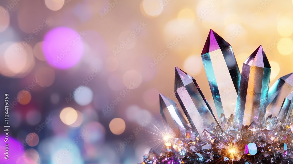 Poster sparkling crystal formation with colorful bokeh background effects