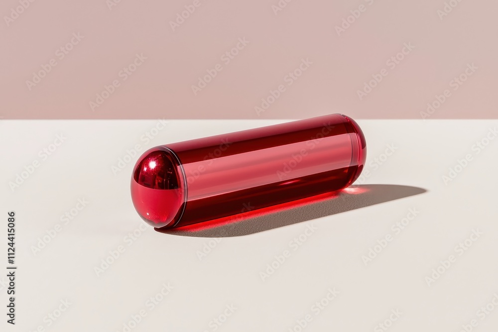 Poster stylish red capsule on a light beige background with soft shadows and reflections