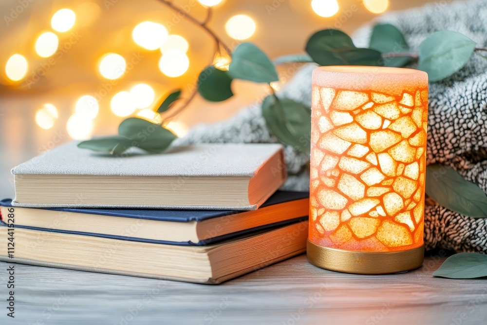 Poster Soft Glow of Candle on Stack of Books with Warm Background Bokeh Lights