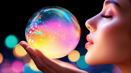 Naklejka premium Ethereal Beauty of a Woman Lightly Holding a Colorful Bubble in Soft Glow
