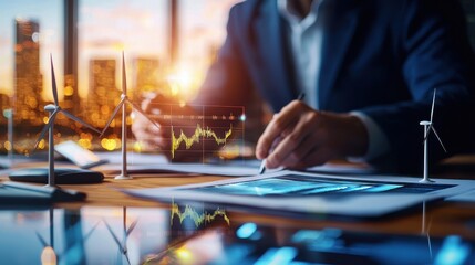 Obraz premium Business Professional Analyzing Data with Wind Turbines and Charts