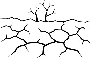 Dry cracked ground with sharp soil with dead tree black and white vector silhouette 
