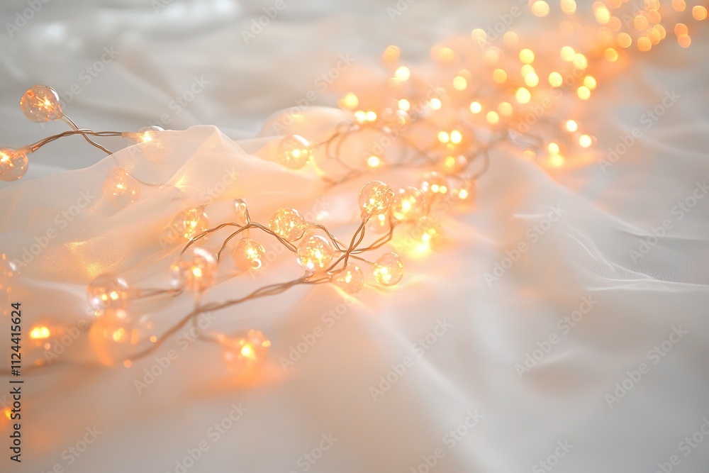 Poster warm glowing string lights on soft fabric surface