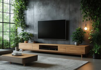 Modern Living Room Design with TV Unit and Green Plants