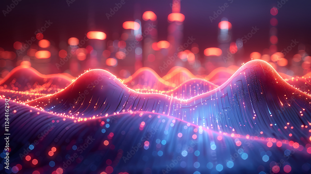 Poster digital cityscape: an abstract, futuristic cityscape emerges from a pulsating wave of data and light