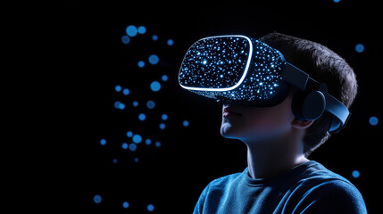Young boy wearing VR headset, immersed in virtual world experience, exploring new dimensions and possibilities
