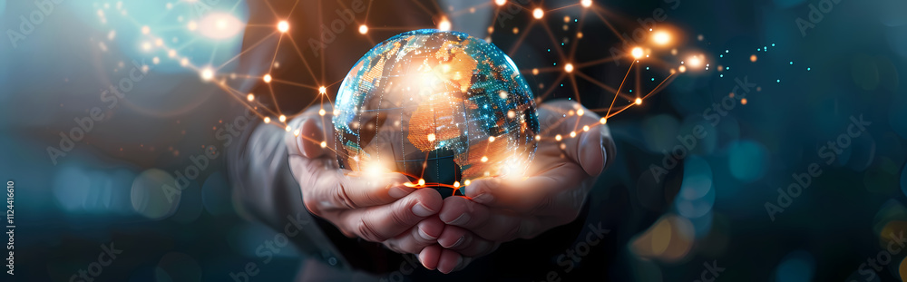 Poster global network in hands: a pair of hands gently cradles a glowing earth, encircled by a vibrant netw