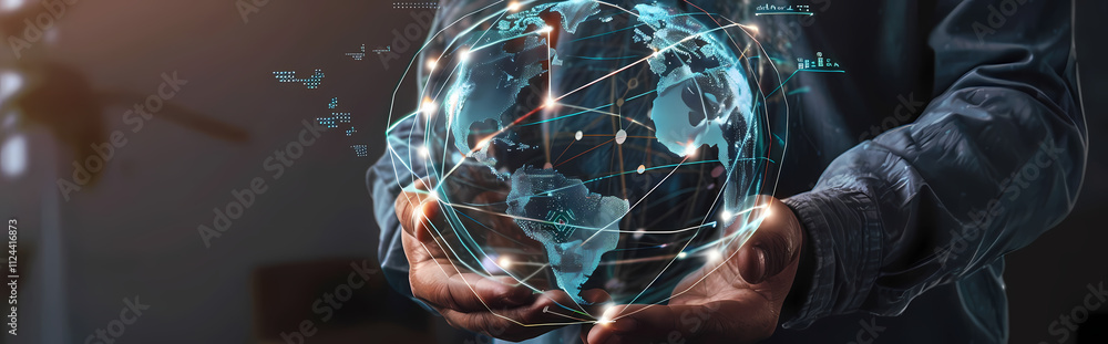 Poster global connection: a person gently cradles a translucent, glowing orb representing the interconnecte