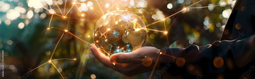 Poster global connection in hands: a person gently cradles a luminous orb representing the interconnected w
