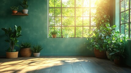Minimalist Living Room with Green Accent Wall Natural Light Plants and Scandinavian Design