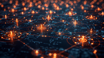 Cyber Cityscape: Abstract digital cityscape glowing with fiery orange and electric blue lines, resembling a network of interconnected data points in a futuristic metropolis.