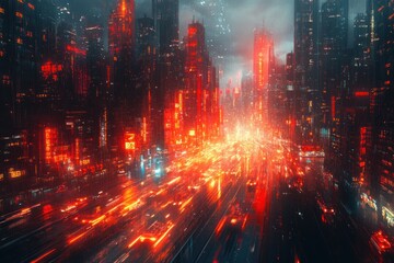 Futuristic Neon Cityscape with Data Streams and Cyberpunk Aesthetic