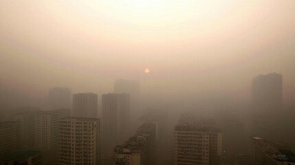 Hazy Cityscape: Enveloped in a Veil of Mist and Mystery