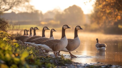 Fototapeta premium Canada geese at sunrise by a calm river, autumn foliage.