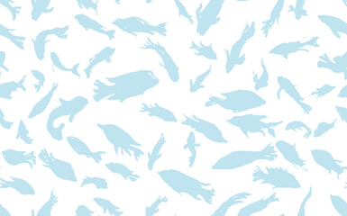 Blue silhouettes fish seamless pattern. Vector vintage brush stroke style hand drawn fish background. Vector fashion illustration. Hand drawn seafood seamless pattern. Vintage engraving art.