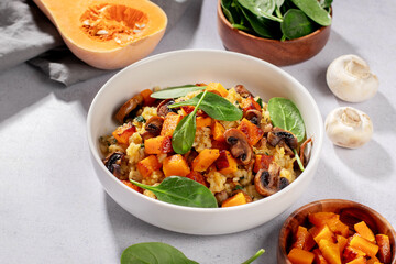 A vegan risotto with roasted pumpkin, mushrooms, and fresh spinach served in a white bowl on a light background