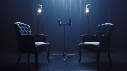 Studio Interview Setup: Two elegant armchairs face each other across a gleaming floor, positioned before a pair of microphones under dramatic, cool-toned lighting.