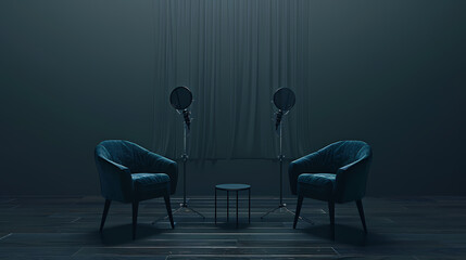 In the Shadows: Two plush blue armchairs face each other across a small table in a dimly lit room, shrouded in mystery and anticipation. The soft, ethereal glow of the lamps illuminates the space.