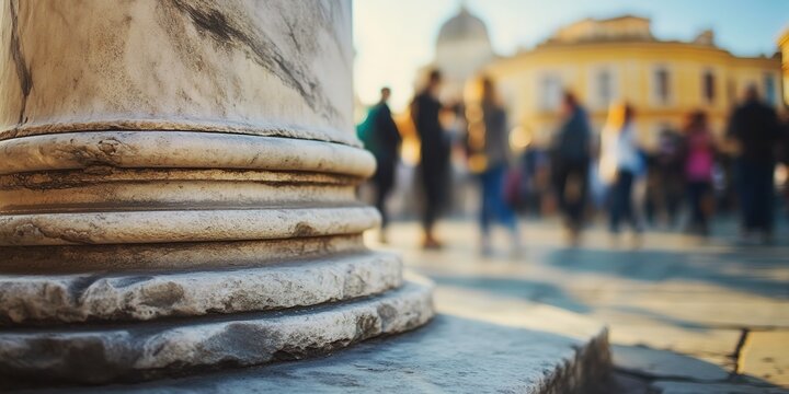 Blurred crowd near ancient column, Rome backdrop