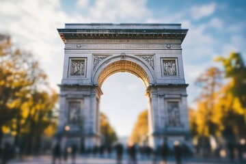 Obraz premium Blurred view of iconic Parisian arch with people in foreground