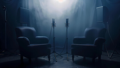 Conversation In The Shadows: Two plush armchairs sit in an intimate setting bathed in ethereal light, awaiting guests for a deep, meaningful conversation.