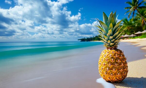 A pineapple on a sandy beach by the ocean