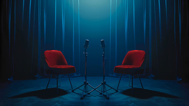 Podcast Stage Setup: Two plush red chairs face each other, positioned before a pair of microphones on stands, all set against a dramatic backdrop of deep blue velvet curtains.