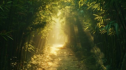 Fototapeta premium A pathway through a green bamboo forest with sunlight filtering through.